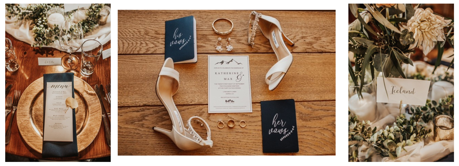 Custom wedding invitations and announcements laid out with bridal accessories and table setting details.