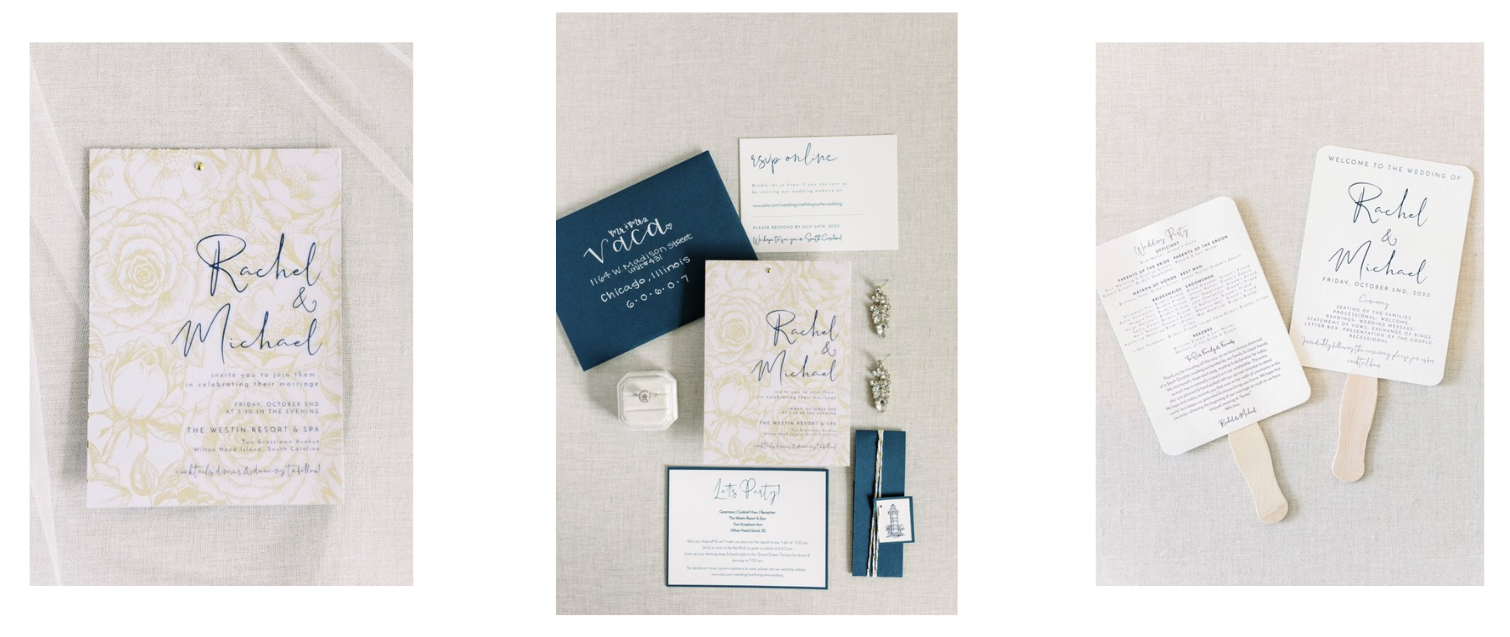 Custom wedding invitations and announcements suite featuring floral designs and elegant typography.