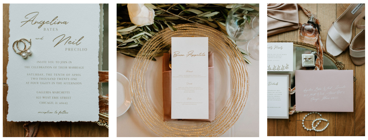 <custom wedding invitations and announcements: Wedding rings, place setting, perfume, and invitation details.