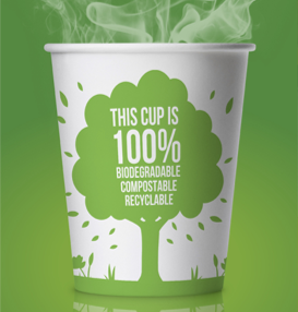 Sustainable packaging innovation: Paper cup marked "100% Biodegradable Compostable Recyclable