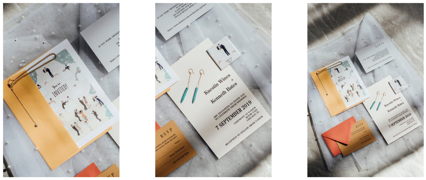 Custom wedding invitations and announcements featuring modern design and gold accents.