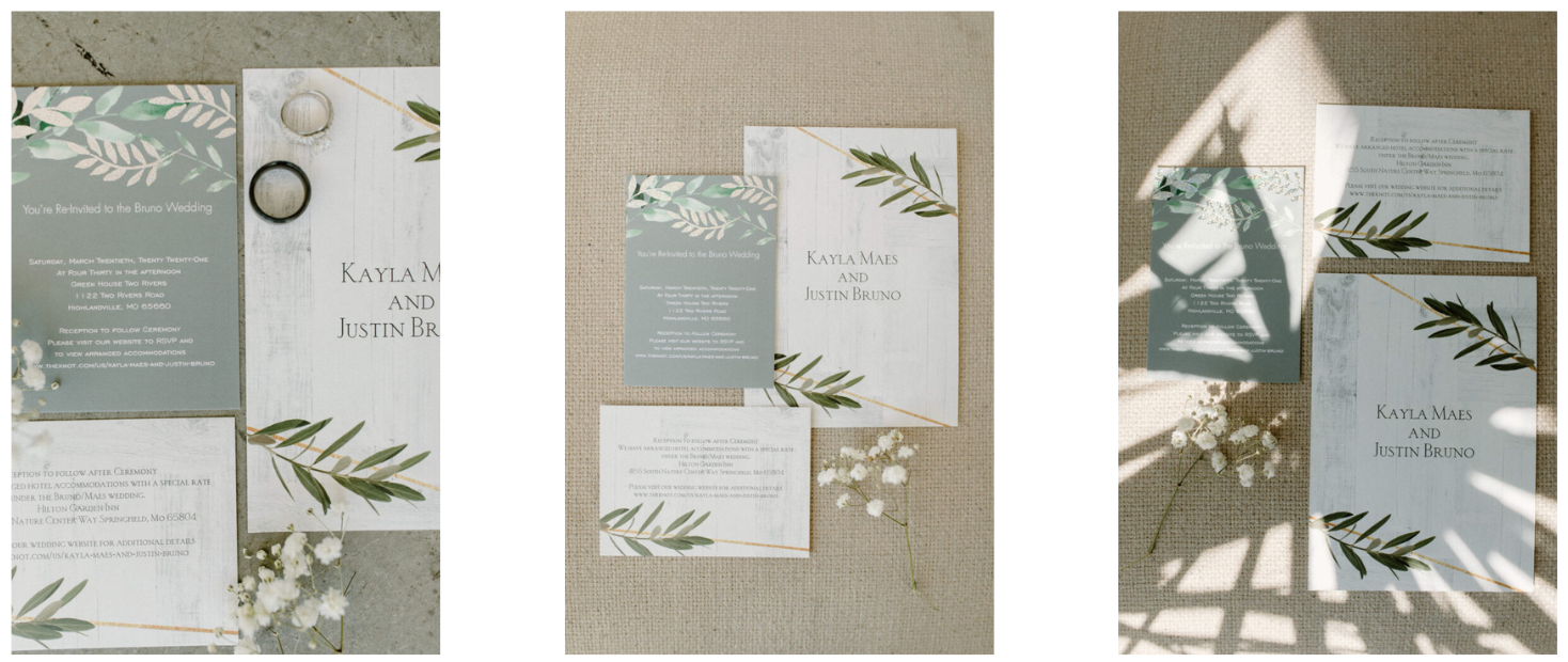 Custom wedding invitations and announcements with greenery and gold accents.