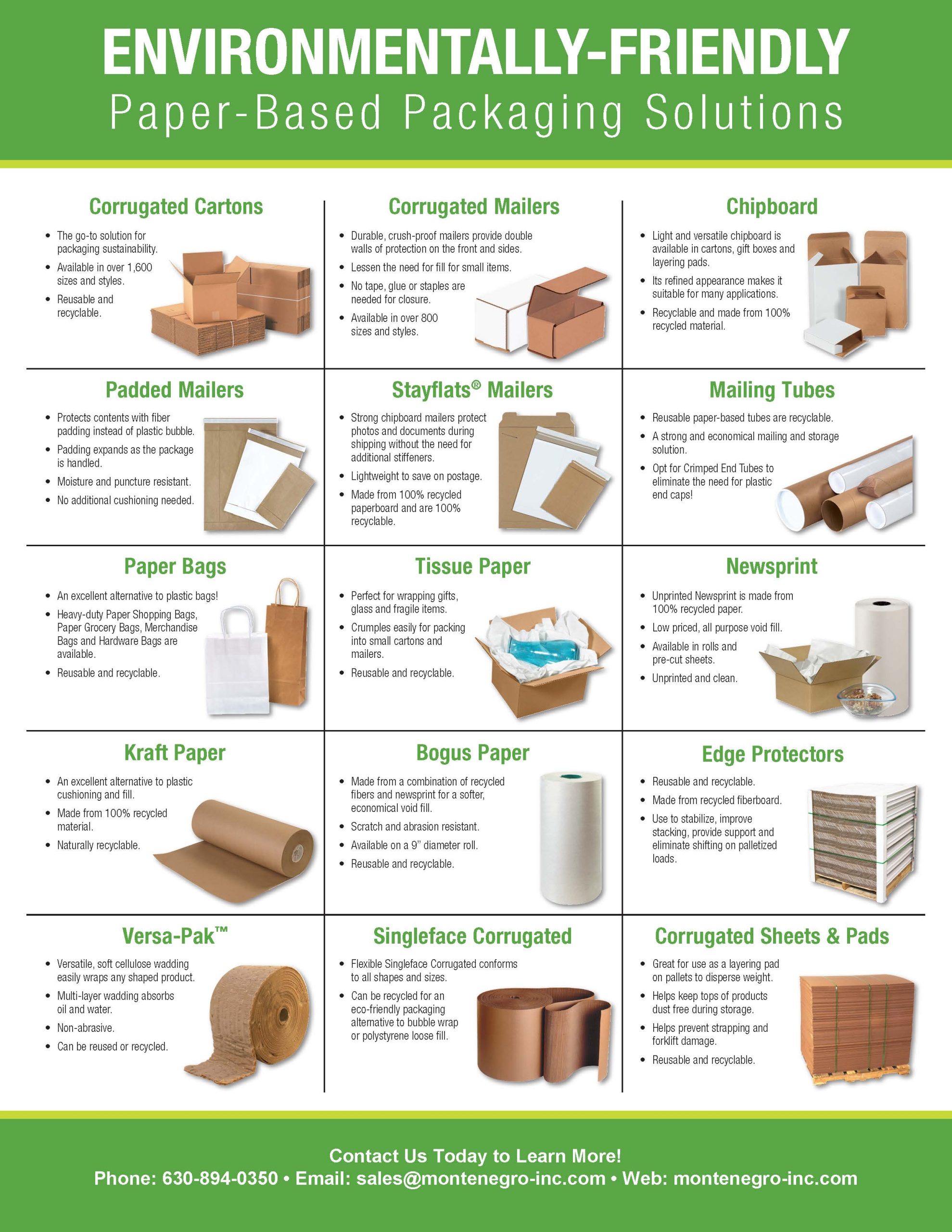 Environmentally-friendly paper-based packaging solutions, including corrugated cartons and mailers, kraft paper, and edge protectors.