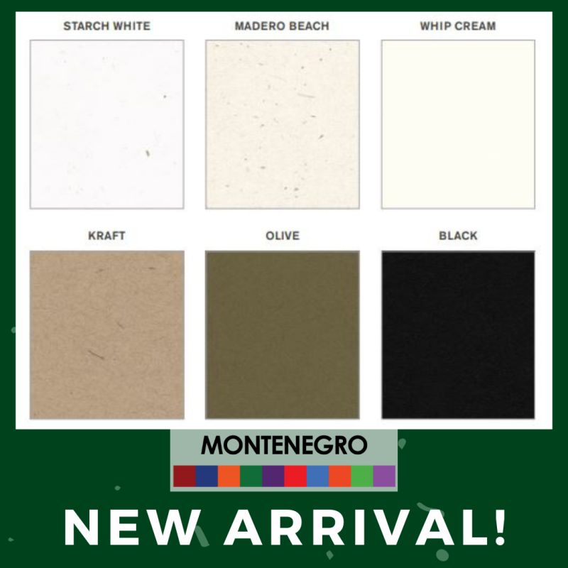 Paper color swatches: Starch White, Madero Beach, Whip Cream, Kraft, Olive, Black. "New Arrival!