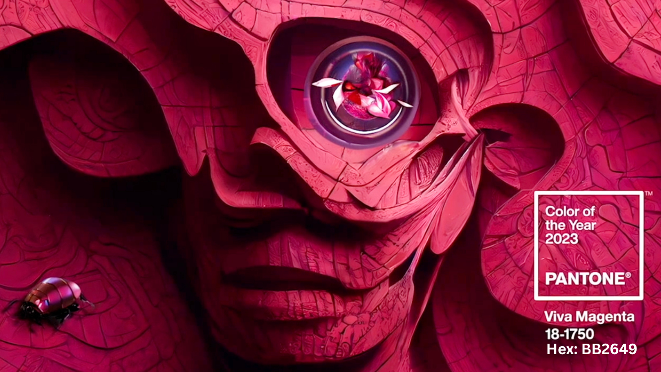Viva Magenta art with a face, eye, and bug. "Color of the Year 2023 Pantone Viva Magenta" text visible. Wedding inspiration.