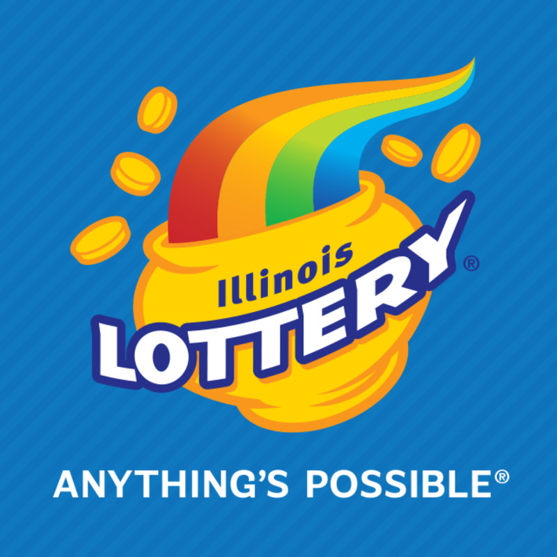 Illinois Lottery logo: Pot of gold with rainbow and falling coins. Text: "Illinois Lottery. Anything's Possible.