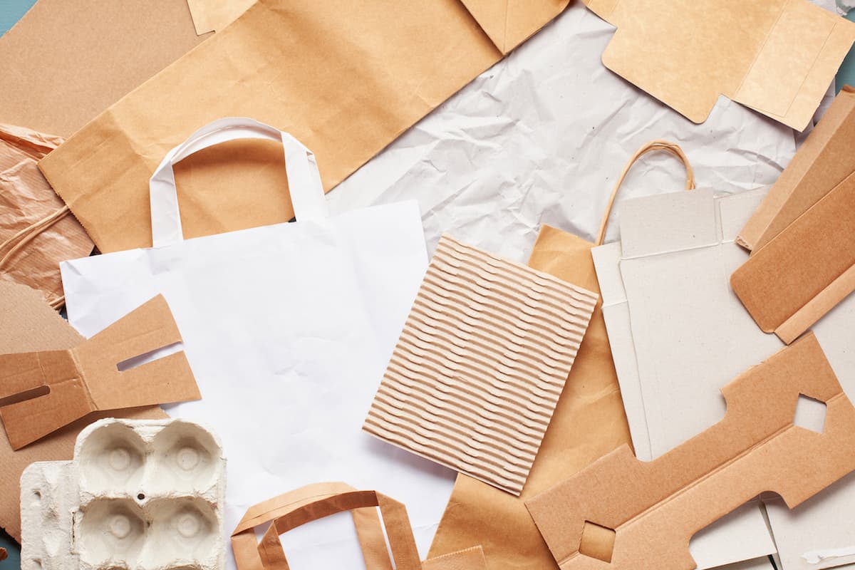 Variety of paper packaging: bags, boxes, egg carton, and corrugated cardboard.