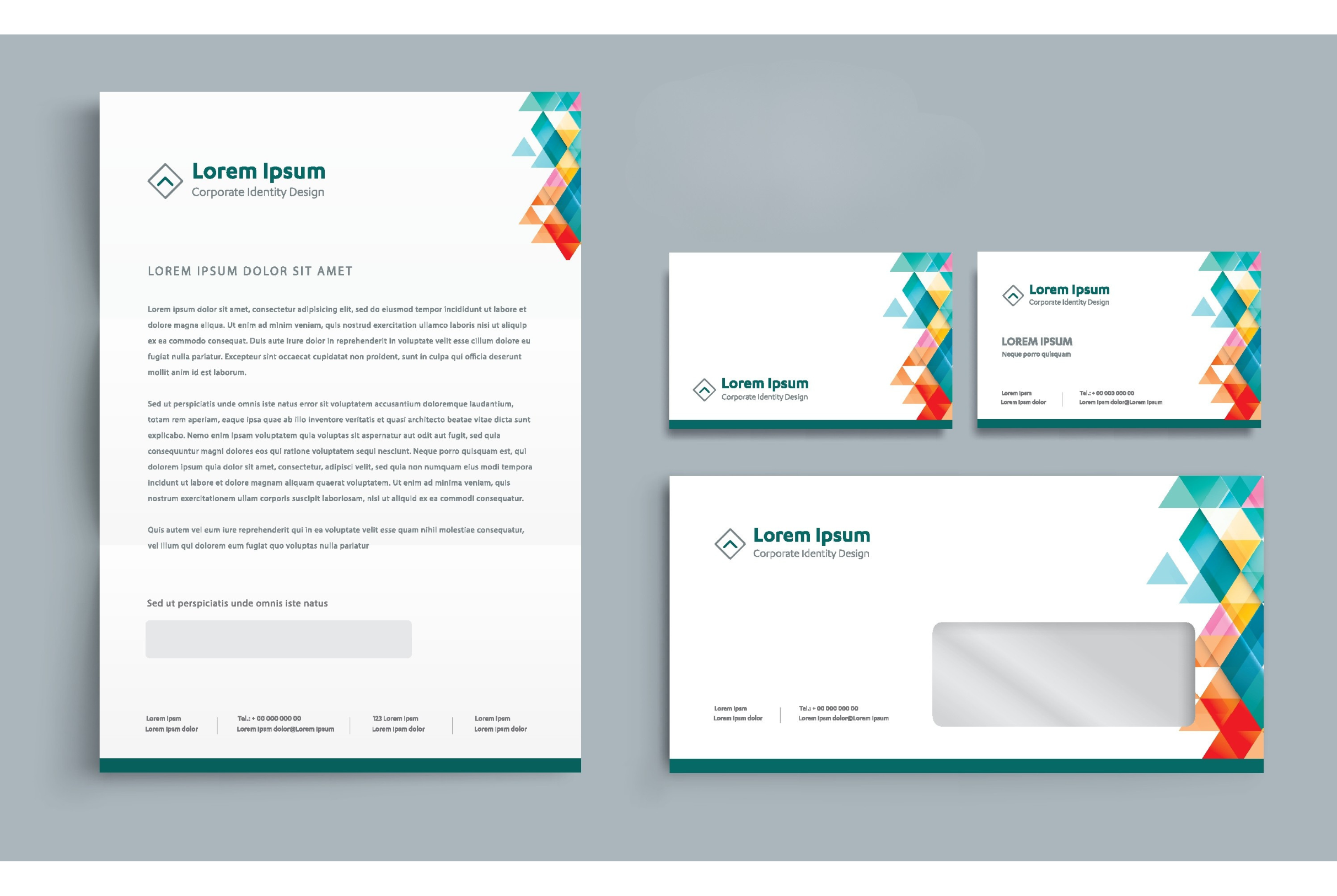 Corporate identity design mockup featuring letterhead, business cards, and envelope with geometric branding elements.