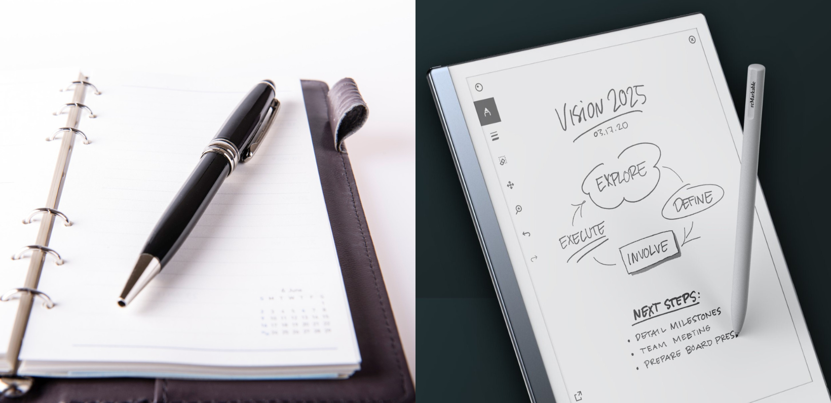 Traditional planner with a pen versus a reMarkable tablet showing "Vision 2025," representing a leap into productivity.