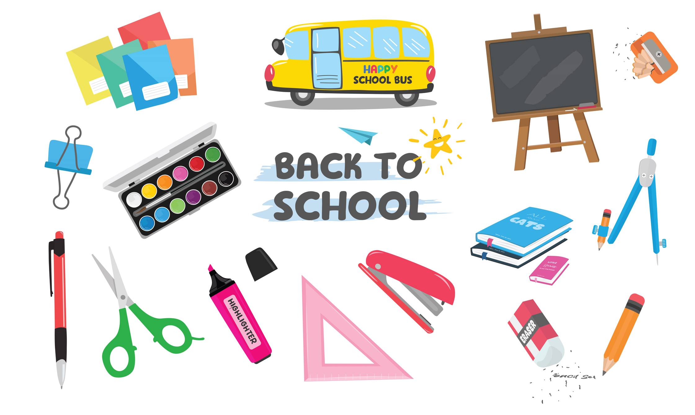 Back-to-school supplies: bus, books, art supplies, and writing tools. "Back to School" text is prominent.