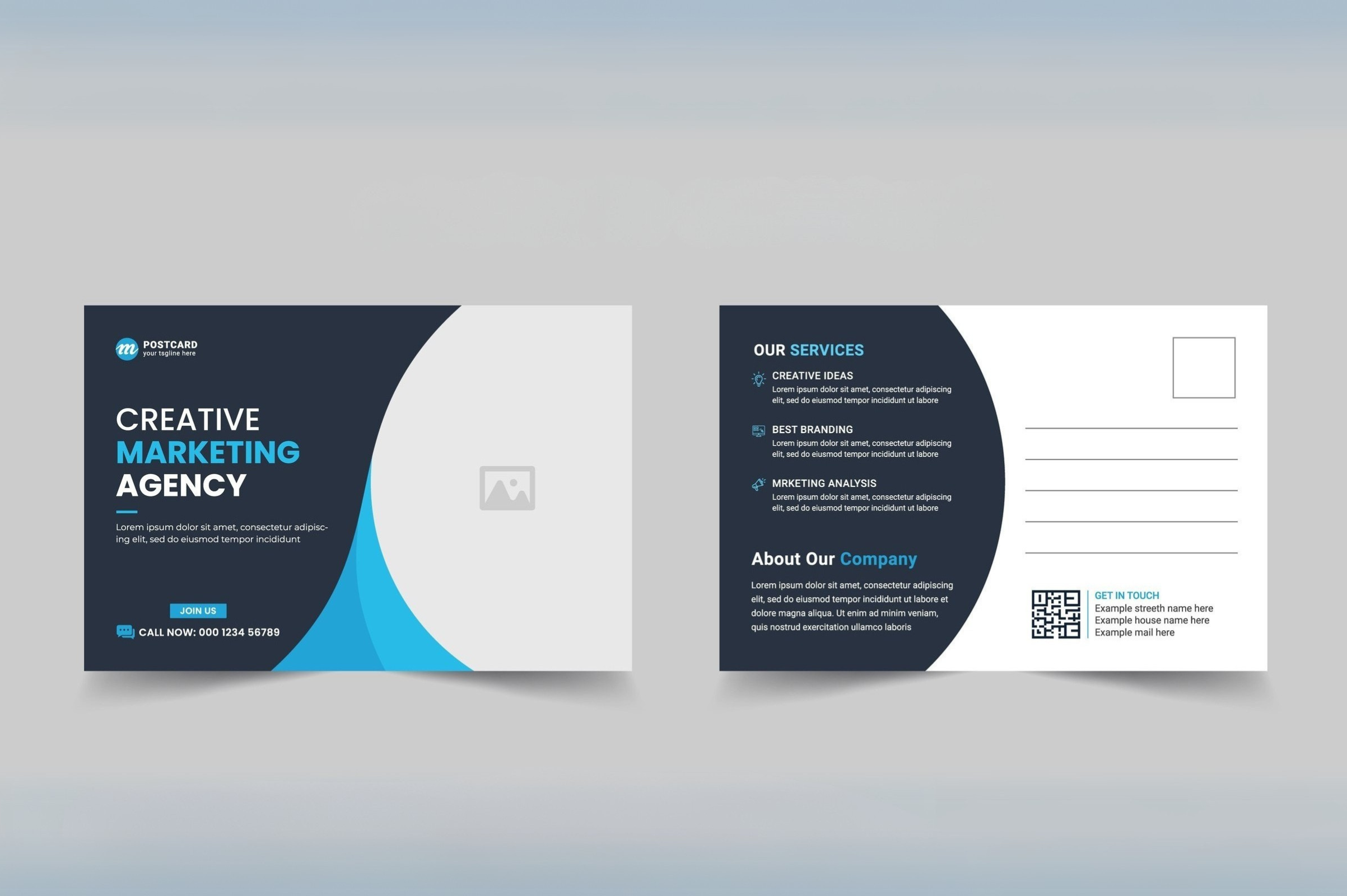 Creative marketing agency postcard design featuring company services, contact details, and a modern layout.