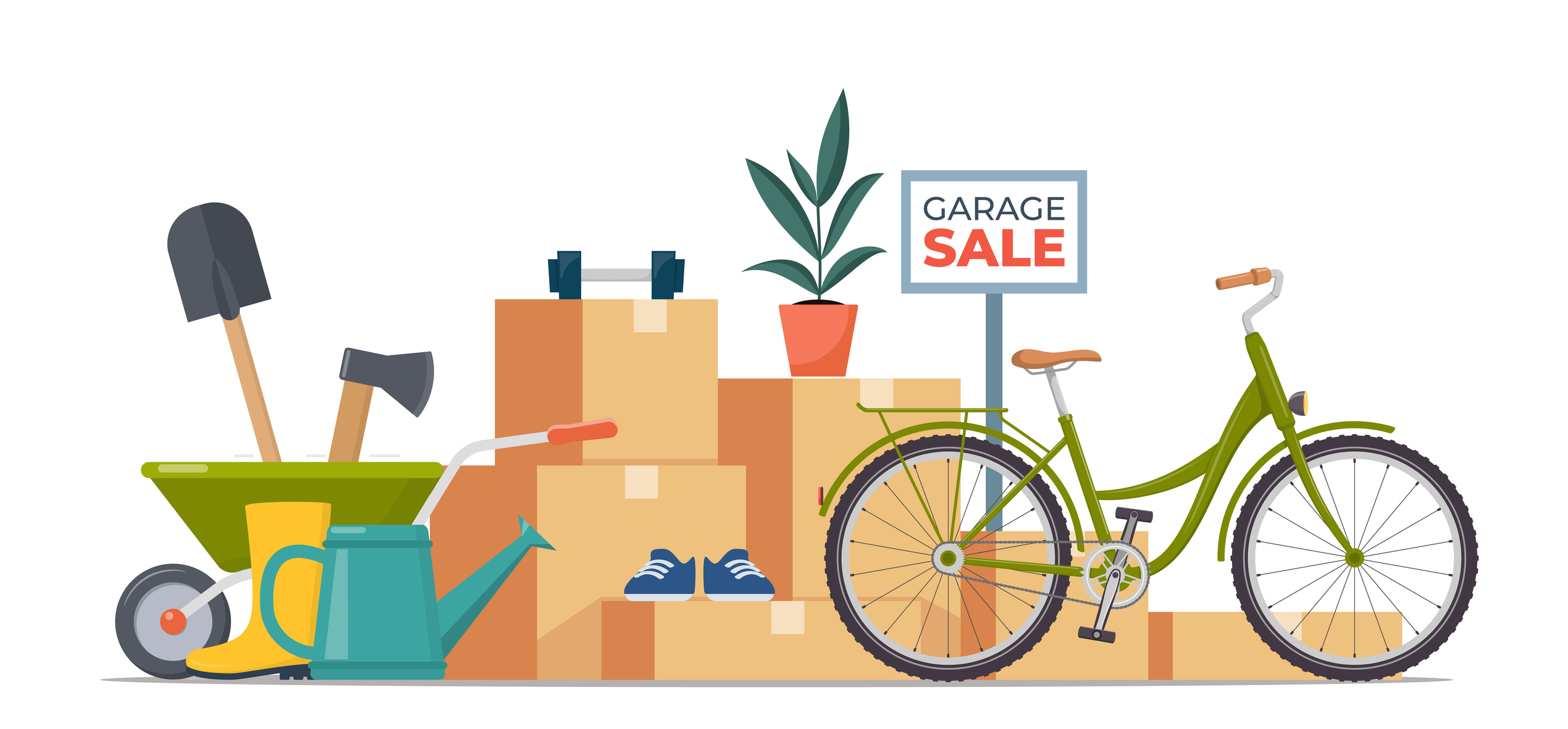 Garage sale scene: Bike, boxes, gardening tools, shoes, and a "Garage Sale" sign.
