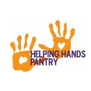 Helping Hands Pantry logo: orange handprints with heart cutouts, text reads "Helping Hands Pantry.