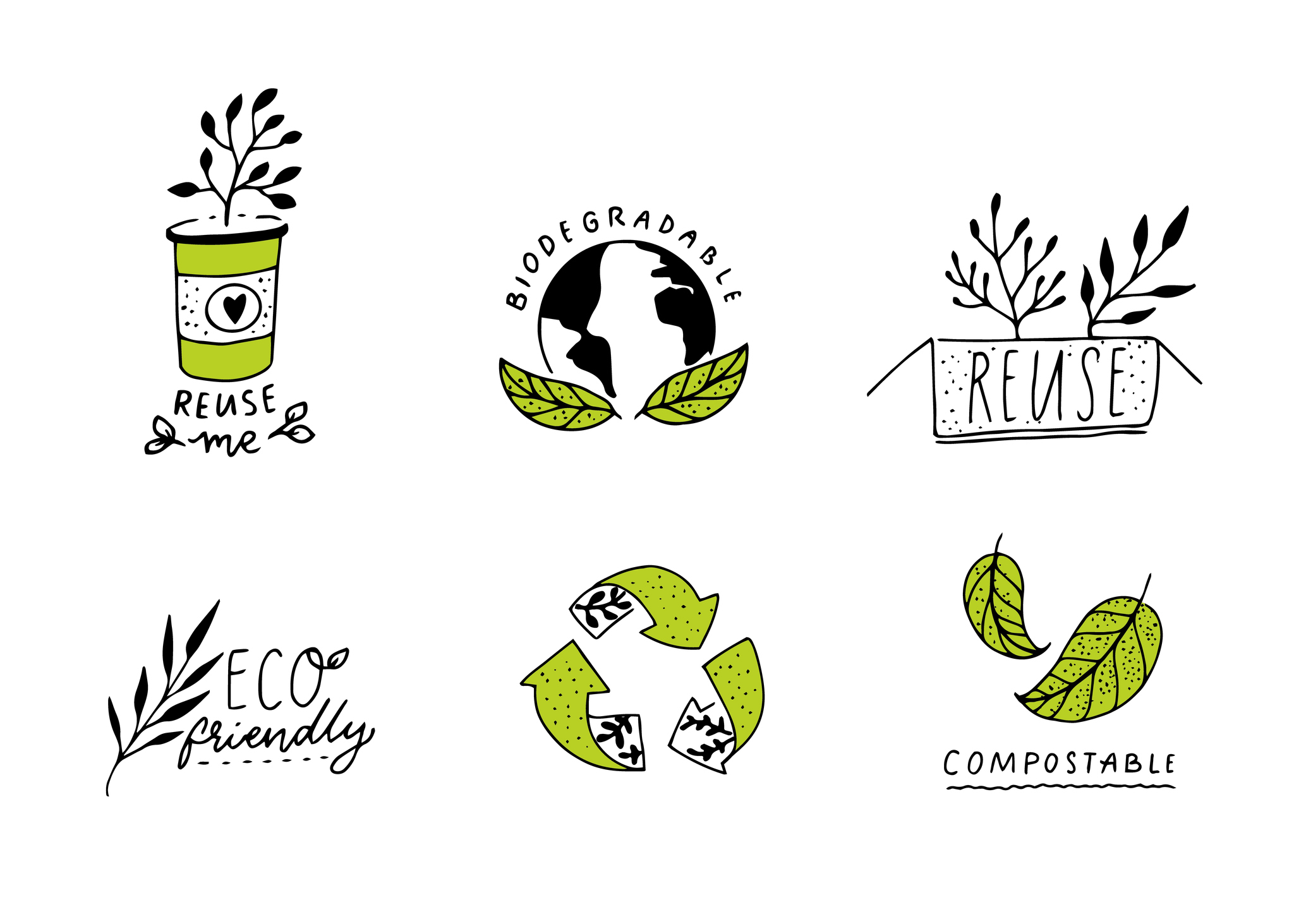 Eco-friendly packaging alternatives: Reuse, biodegradable, compostable icons.