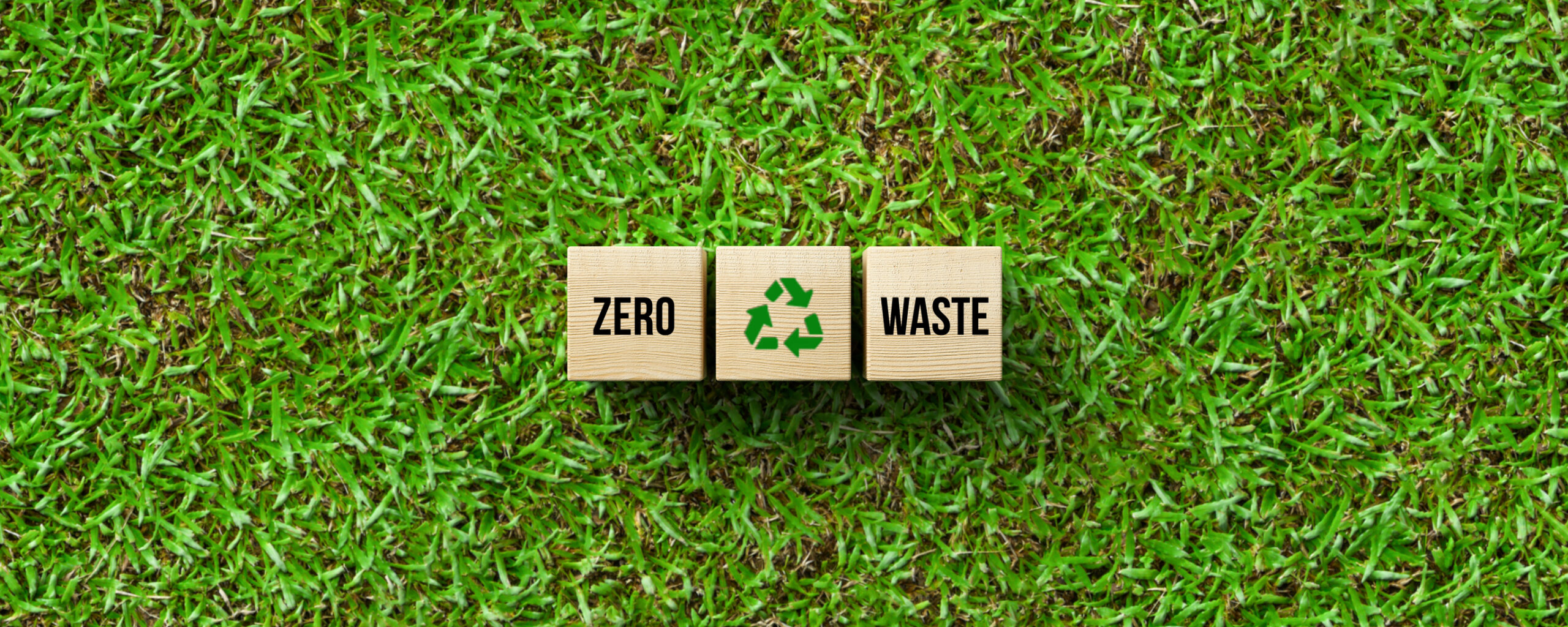 Wooden blocks on grass spell "Zero Waste" with a recycling symbol, promoting sustainable packaging.