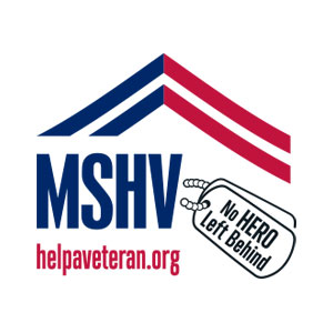 MSHV logo with red and blue stripes on top, text "helpaveteran.org" and dog tag "No HERO Left BEHIND".