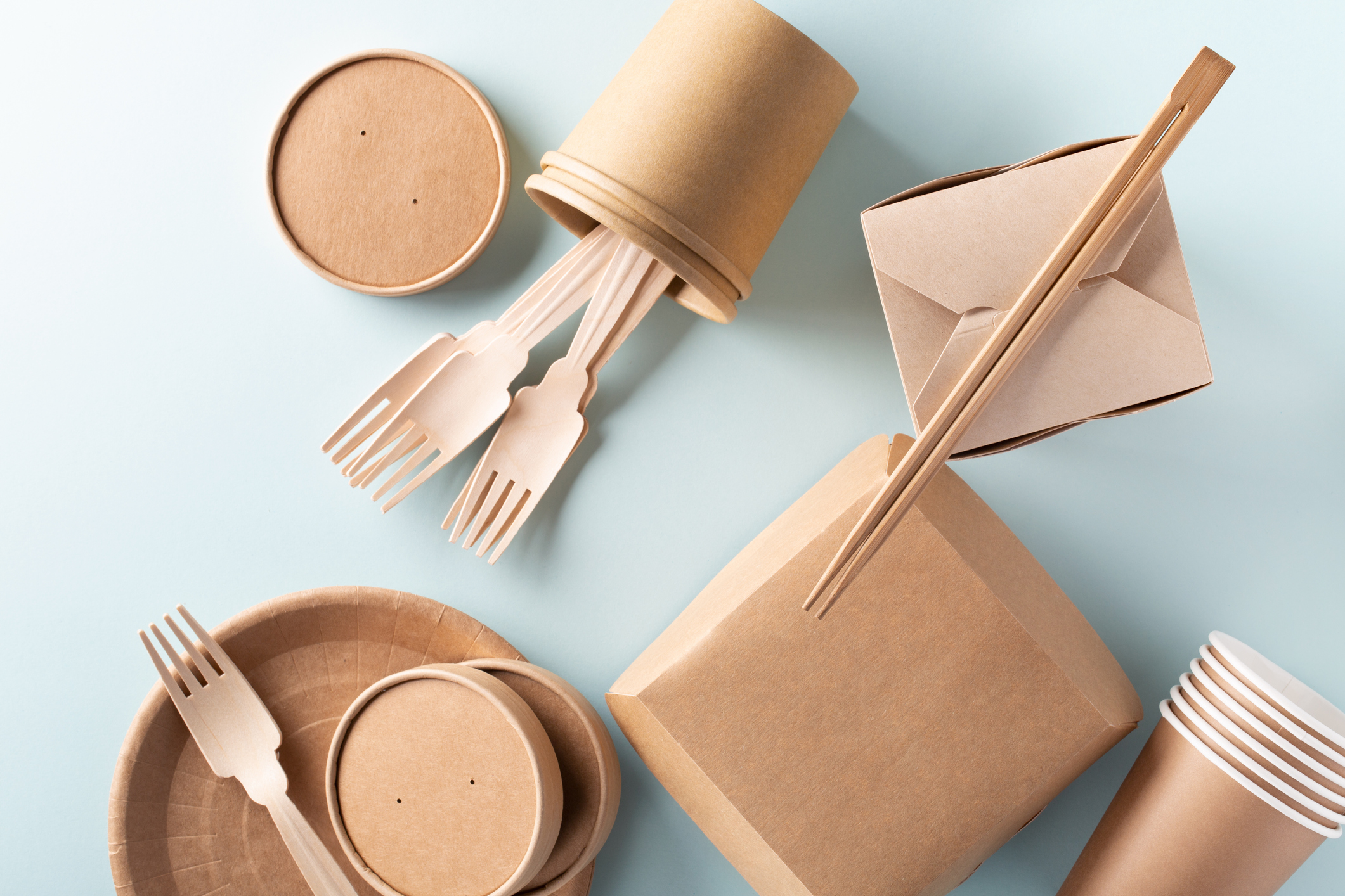Eco-friendly food packaging: takeout containers, cups, plates, and cutlery.