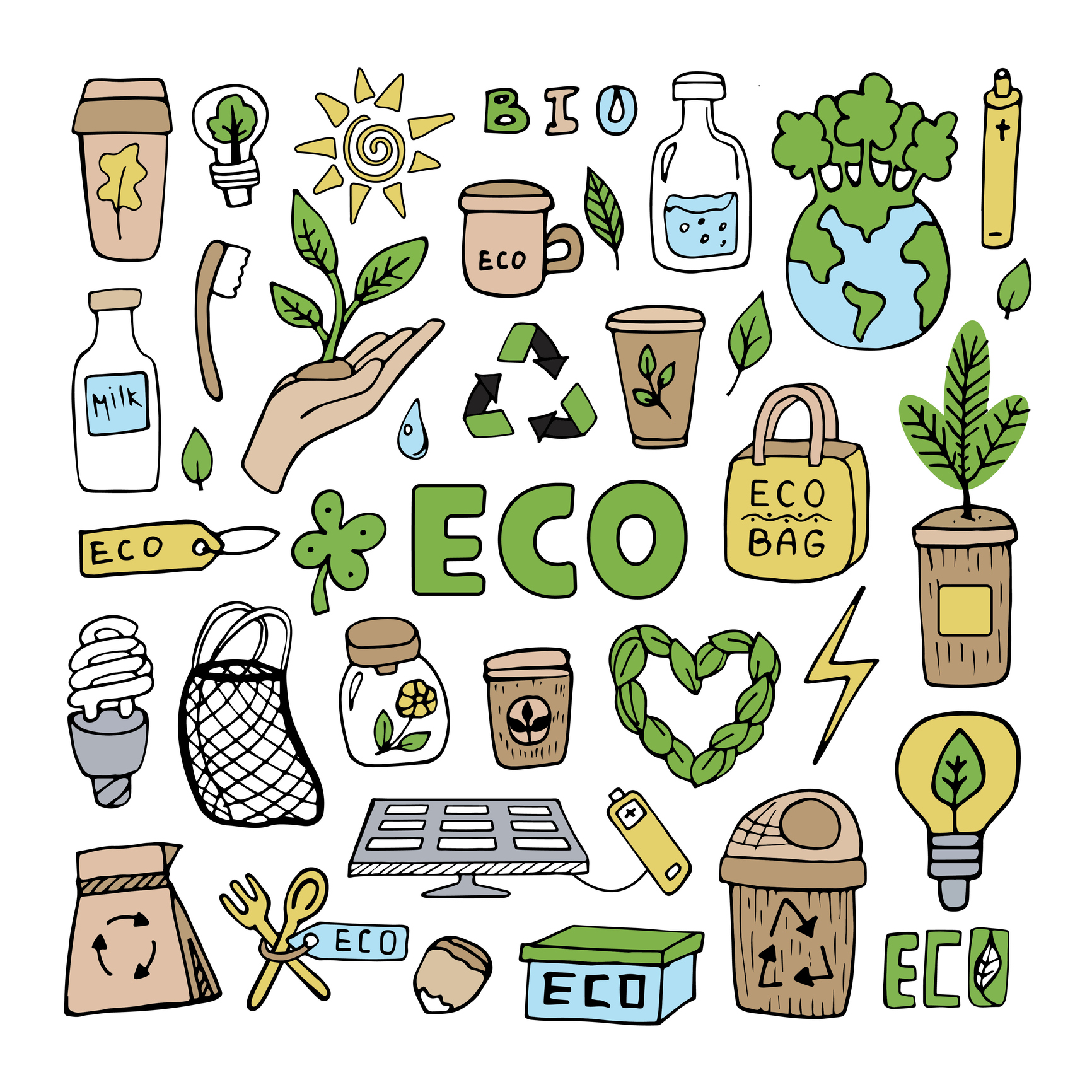 Doodle art featuring eco-friendly icons, including "ECO" text, promoting sustainable packaging.